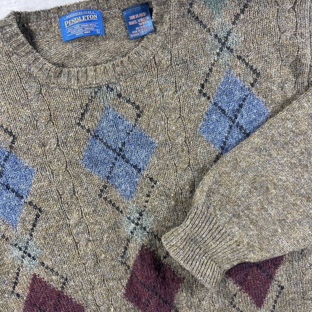 Pendleton Sweater Mens Large Brown Argyle Crew Neck Merino Wool Pullover VTG
